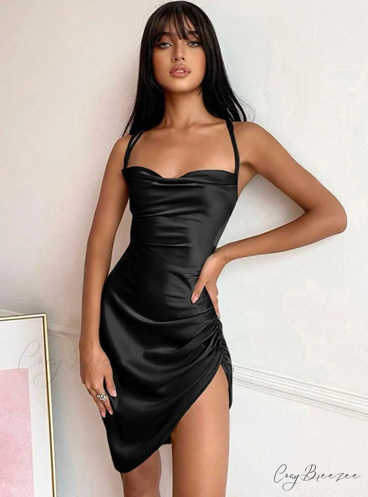 Pink Satin Bodycon Sling Slit Dress for Women S / Brown