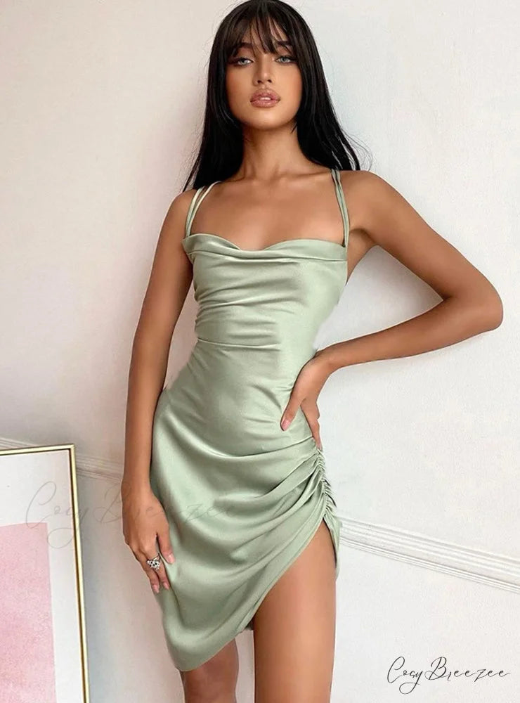 Pink Satin Bodycon Sling Slit Dress for Women S / Green