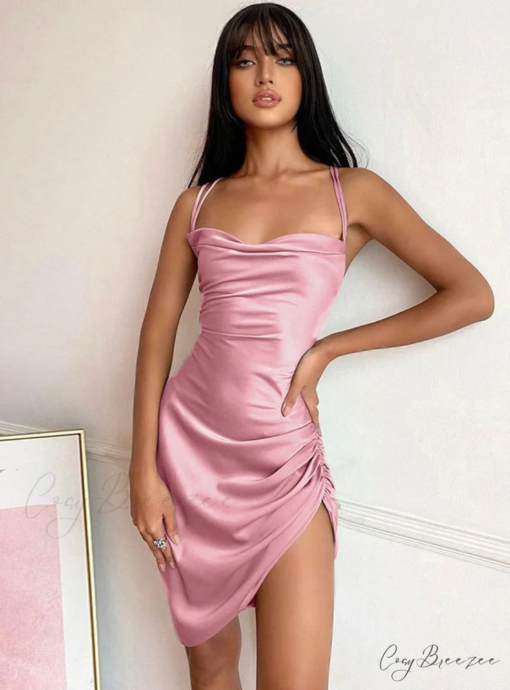 Pink Satin Bodycon Sling Slit Dress for Women S / Khaki