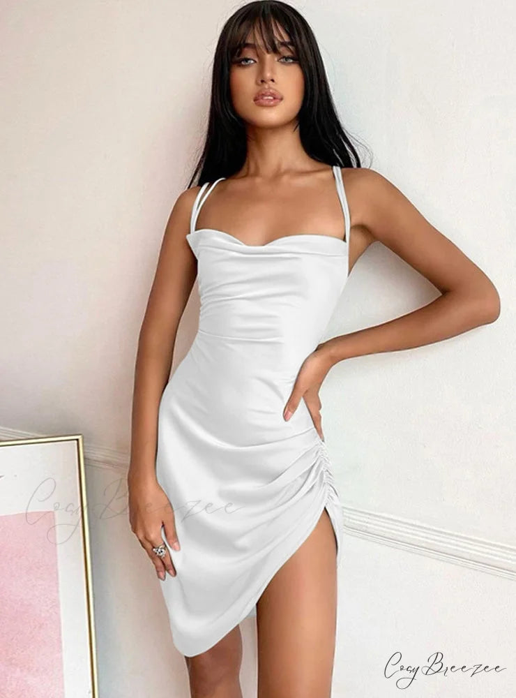 Pink Satin Bodycon Sling Slit Dress for Women S / Red