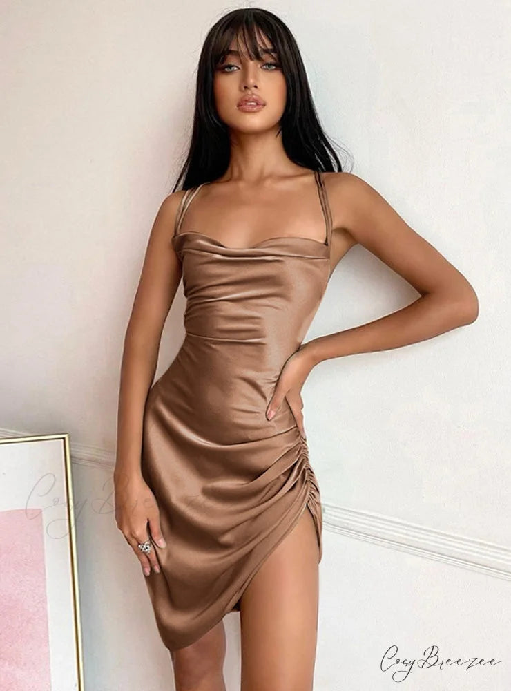 Pink Satin Bodycon Sling Slit Dress for Women S / Sky Blue