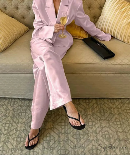 Pink Satin Lapel Straight Trousers Office Set officetwopieceset-250223