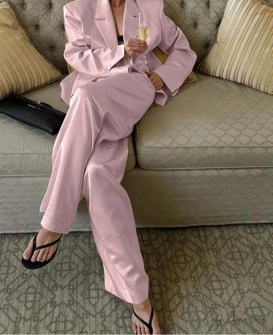 Pink Satin Lapel Straight Trousers Office Set Pink / S officetwopieceset-250223
