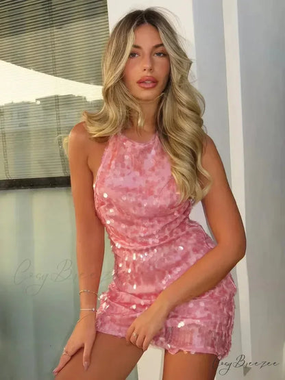 Pink Sequin Backless Mini Dress minidress-250223