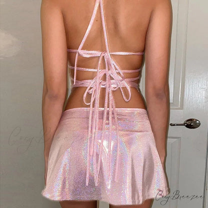 Pink Sequin Bralette and Skirt Trendy Tie Up Two Piece Set