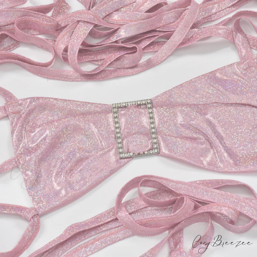 Pink Sequin Bralette and Skirt Trendy Tie Up Two Piece Set