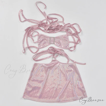 Pink Sequin Bralette and Skirt Trendy Tie Up Two Piece Set