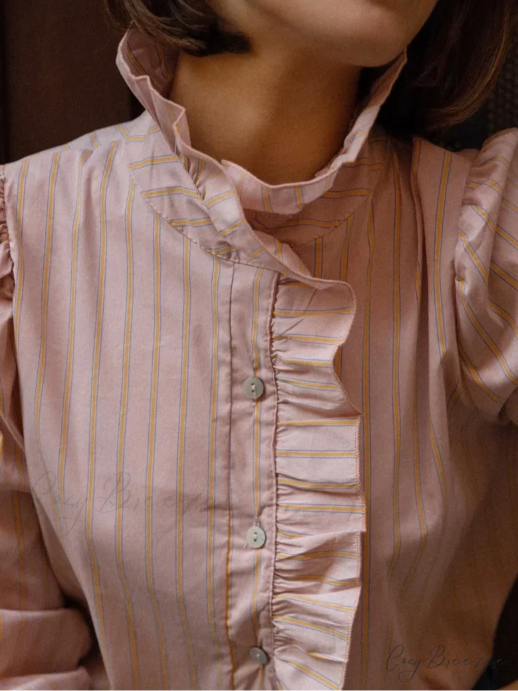 Pink Stripe Stand Collar Frilled Blouse blouse-250223