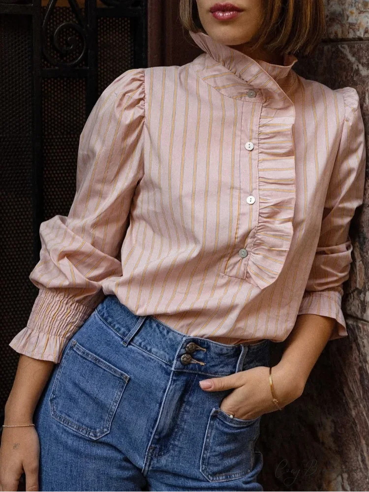 Pink Stripe Stand Collar Frilled Blouse blouse-250223