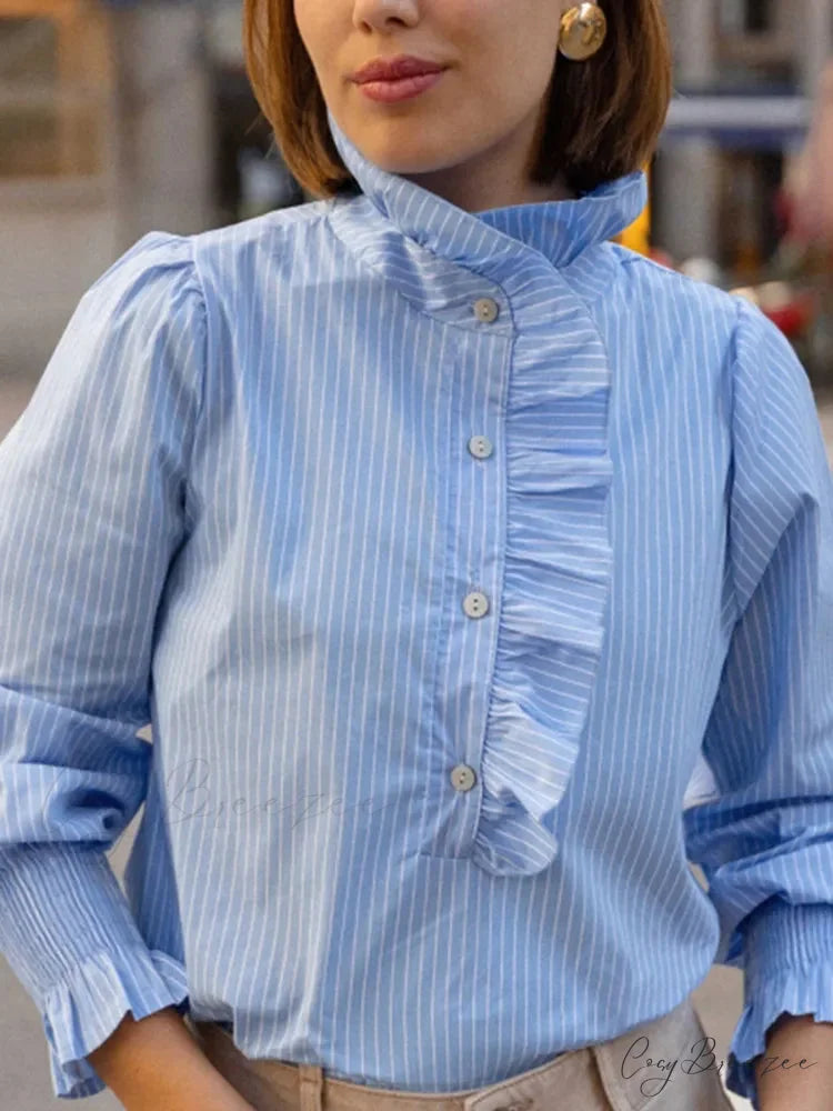 Pink Stripe Stand Collar Frilled Blouse Black / S blouse-250223