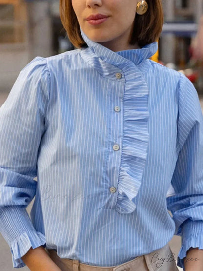Pink Stripe Stand Collar Frilled Blouse Black / S blouse-250223