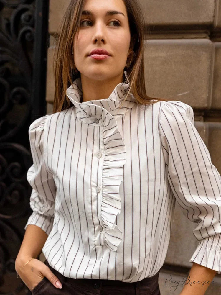 Pink Stripe Stand Collar Frilled Blouse Dark Grey / S blouse-250223