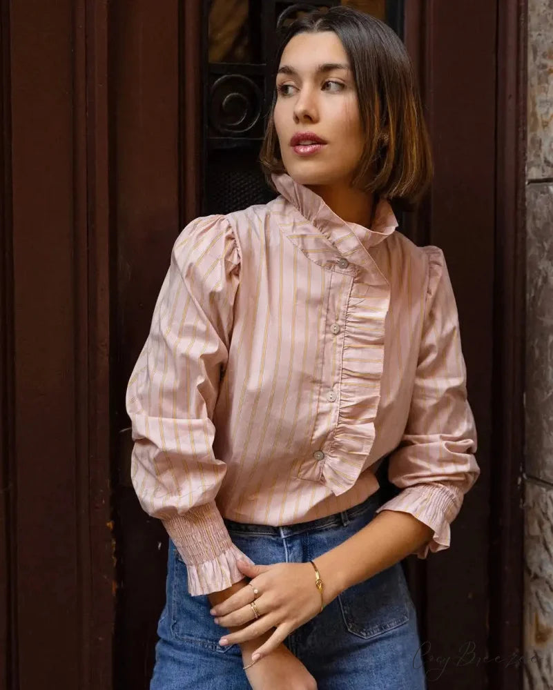 Pink Stripe Stand Collar Frilled Blouse Pink / S blouse-250223