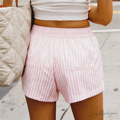Pink Striped Elastic Waist Shorts short-250223