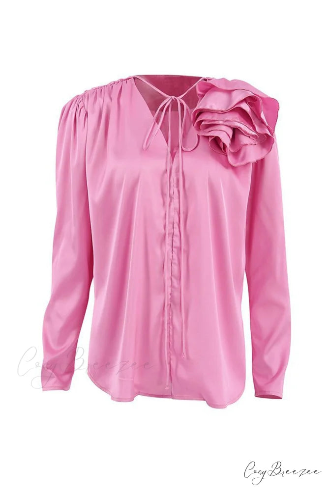 Pink V Neck Floral Lace-Up Blouse with Ruched Detail