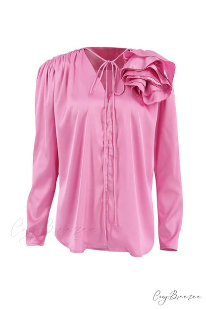 Pink V Neck Floral Lace-Up Blouse with Ruched Detail