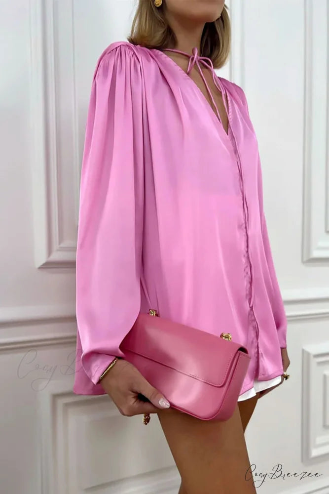 Pink V Neck Floral Lace-Up Blouse with Ruched Detail