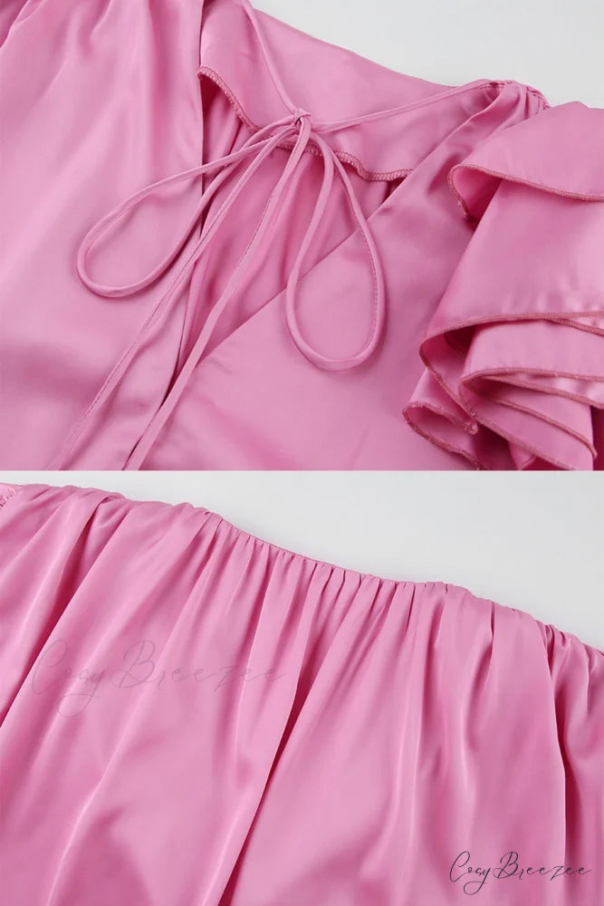 Pink V Neck Floral Lace-Up Blouse with Ruched Detail