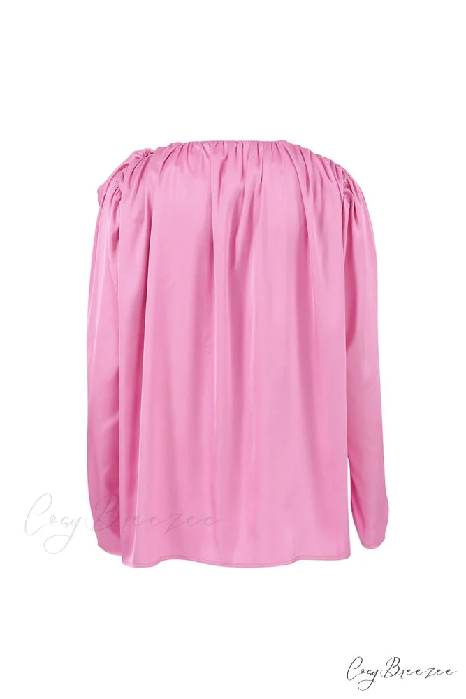 Pink V Neck Floral Lace-Up Blouse with Ruched Detail
