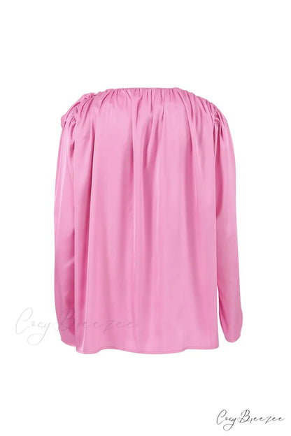 Pink V Neck Floral Lace-Up Blouse with Ruched Detail