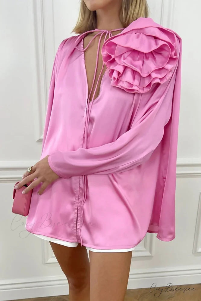 Pink V Neck Floral Lace-Up Blouse with Ruched Detail Pink / M
