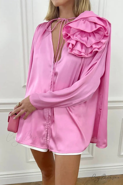 Pink V Neck Floral Lace-Up Blouse with Ruched Detail Pink / M