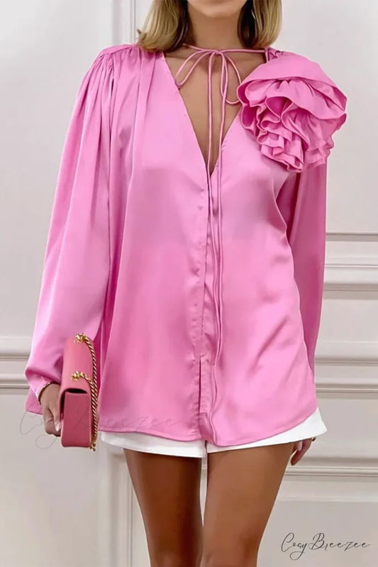 Pink V Neck Floral Lace-Up Blouse with Ruched Detail Pink / S