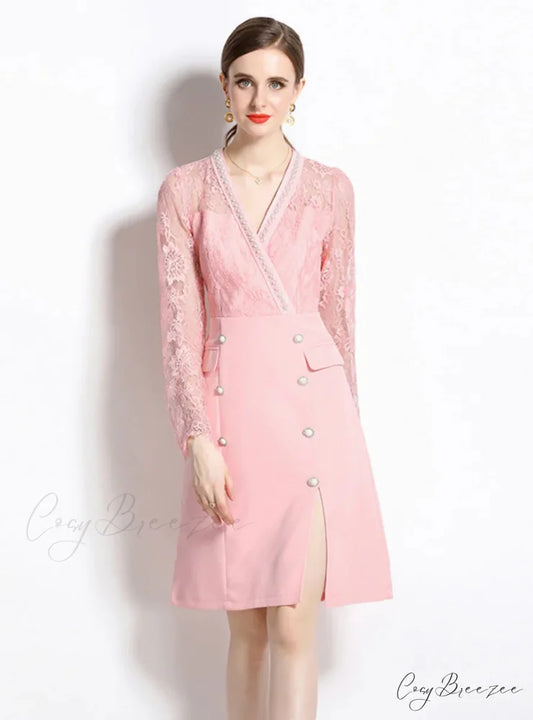PINK V-NECK LACE DRESS with LONG SLEEVES
