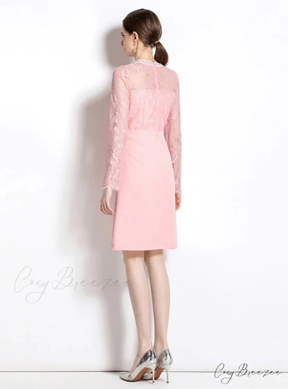 PINK V-NECK LACE DRESS with LONG SLEEVES