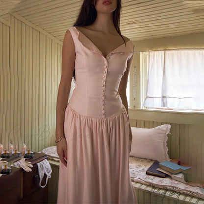 Pink V-neck Stylish Buttoned Midi Dress