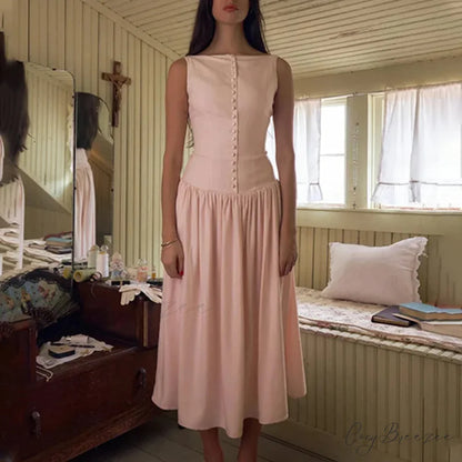 Pink V-neck Stylish Buttoned Midi Dress