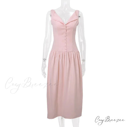Pink V-neck Stylish Buttoned Midi Dress Pink / S