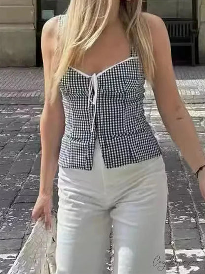 Plaid Backless Tie-up Front Split Tank Crop Top croptop-250126