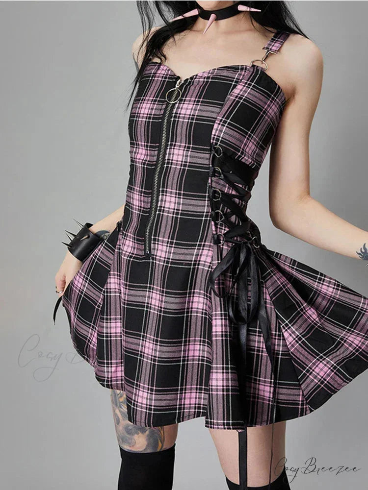 Plaid Bandage Vintage Punk Aesthetic Zipper A-Line Harajuku Fashion Sleeveless Y2K Dress
