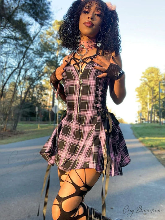 Plaid Bandage Vintage Punk Aesthetic Zipper A-Line Harajuku Fashion Sleeveless Y2K Dress