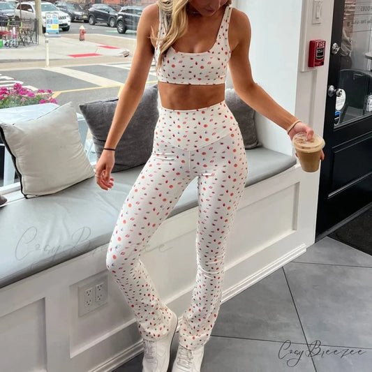 Plaid Bow Print Crop Tank High Waist Slim Leggings Two Pieces Set twopiecesset-250126
