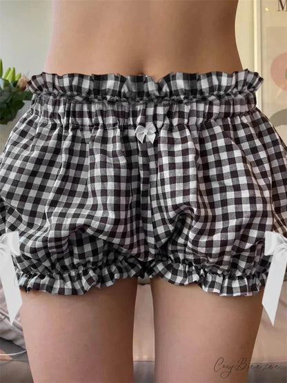 Plaid Bowknot Loose Bloomer Shorts black / S short-250223