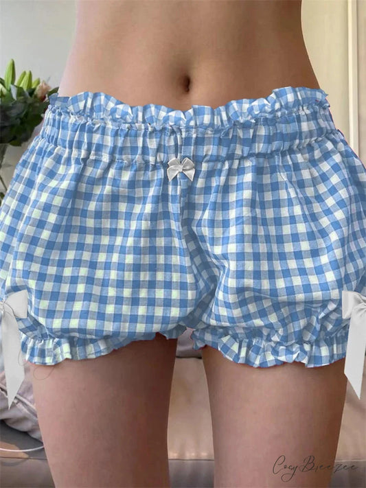 Plaid Bowknot Loose Bloomer Shorts blue / S short-250223