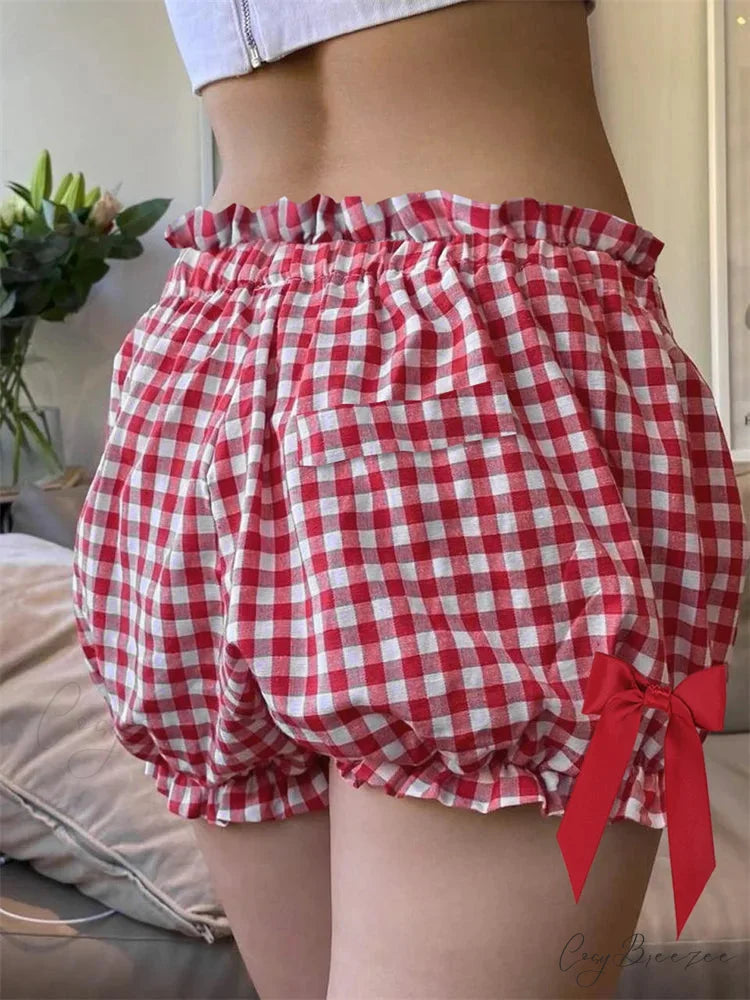 Plaid Bowknot Loose Bloomer Shorts short-250223