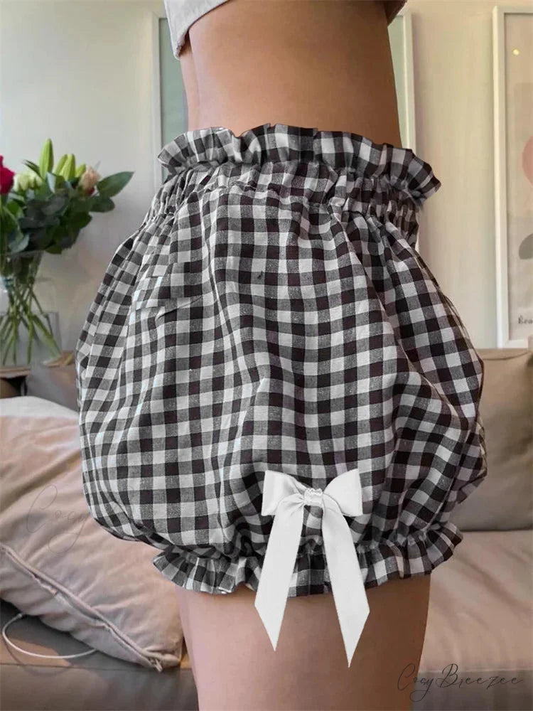 Plaid Bowknot Loose Bloomer Shorts short-250223