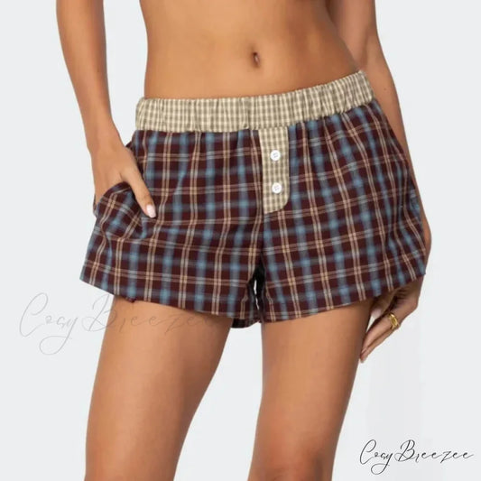 Plaid Boxer Elastic Waist Shorts short-250223