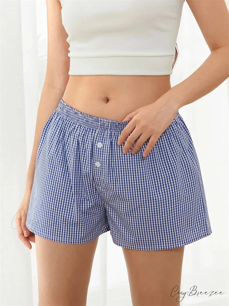 Plaid Button Lounge Pajama Shorts short-250223