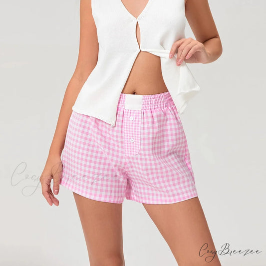 Plaid Contrast Button Lounge Shorts Pink / S short-250223