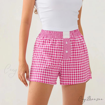 Plaid Contrast Button Lounge Shorts Rose Red / S short-250223