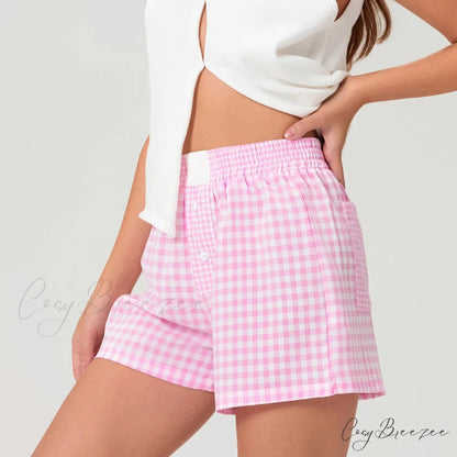 Plaid Contrast Button Lounge Shorts short-250223
