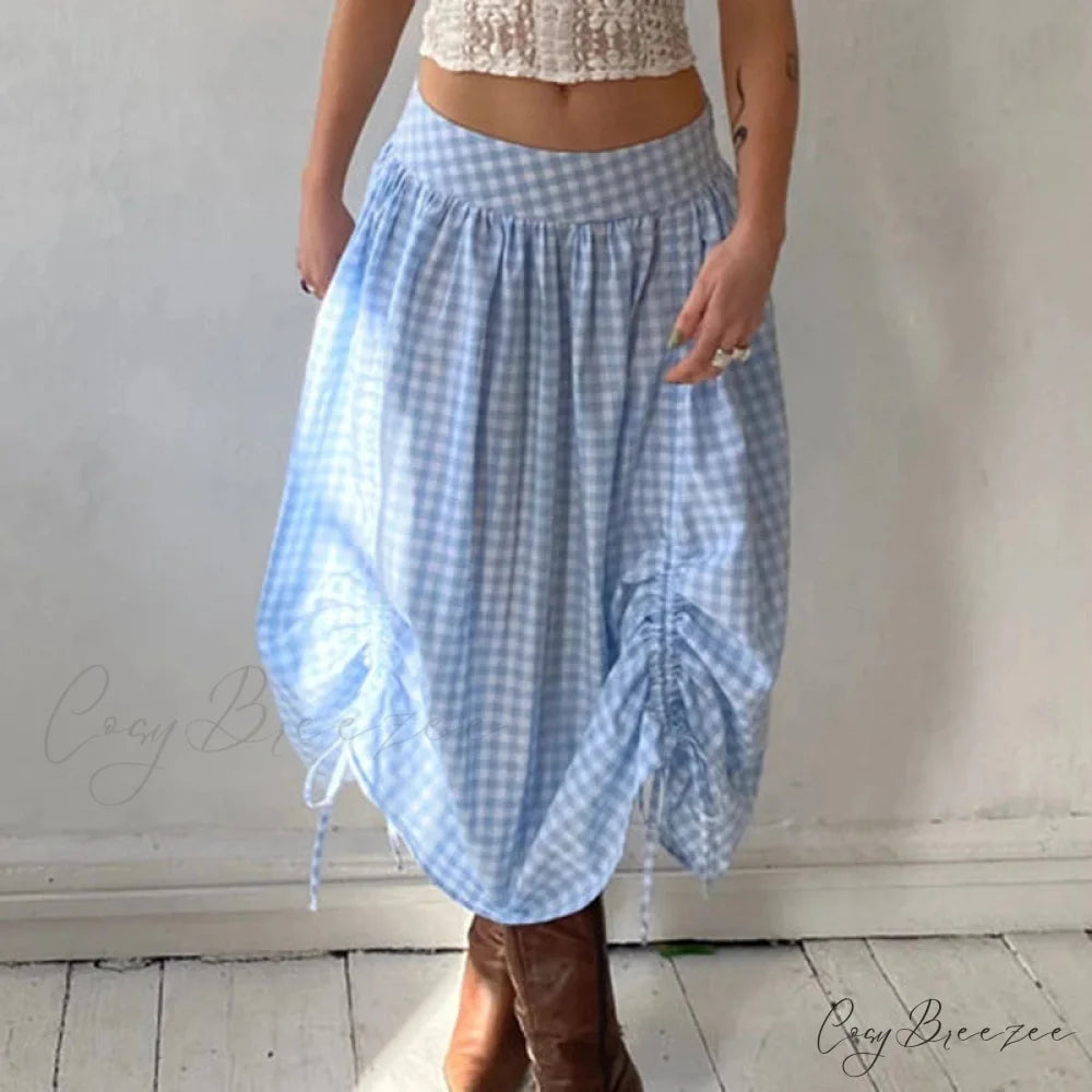 Plaid Drawstring Maxi Skirt Blue / S skirts-250223