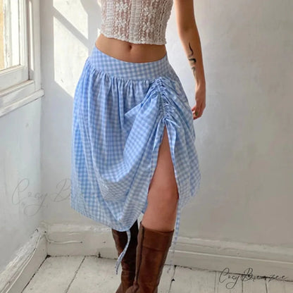 Plaid Drawstring Maxi Skirt skirts-250223