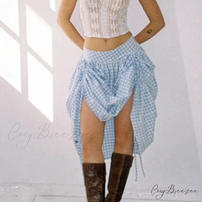 Plaid Drawstring Maxi Skirt skirts-250223