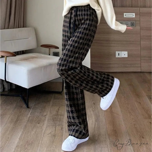 Plaid Drawstring Relaxed Wide Leg Pants Coffee / S pants-241228