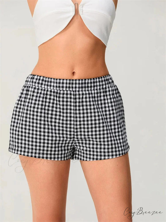 Plaid Elastic Waist Loose Shorts black / XS short-250223